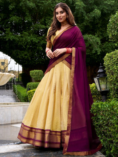 Fabulous Beige Zari Weaving Kanjivaram Event Wear Half Saree Lehenga